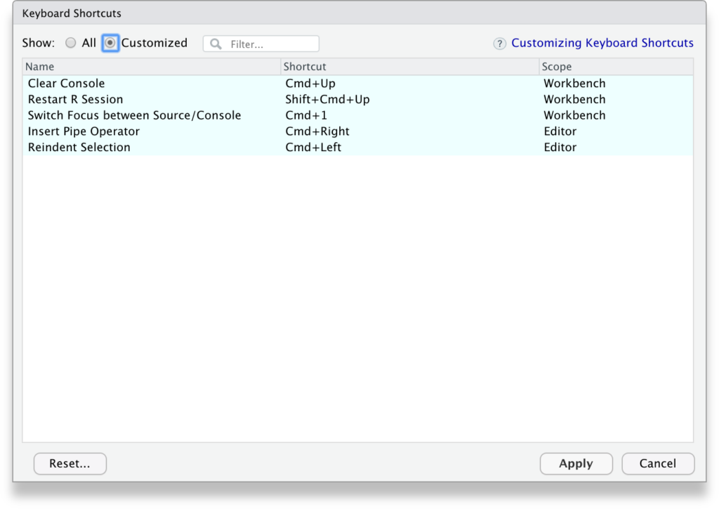 RStudio Tools, Keyboard Shortcuts Customizations - Mac