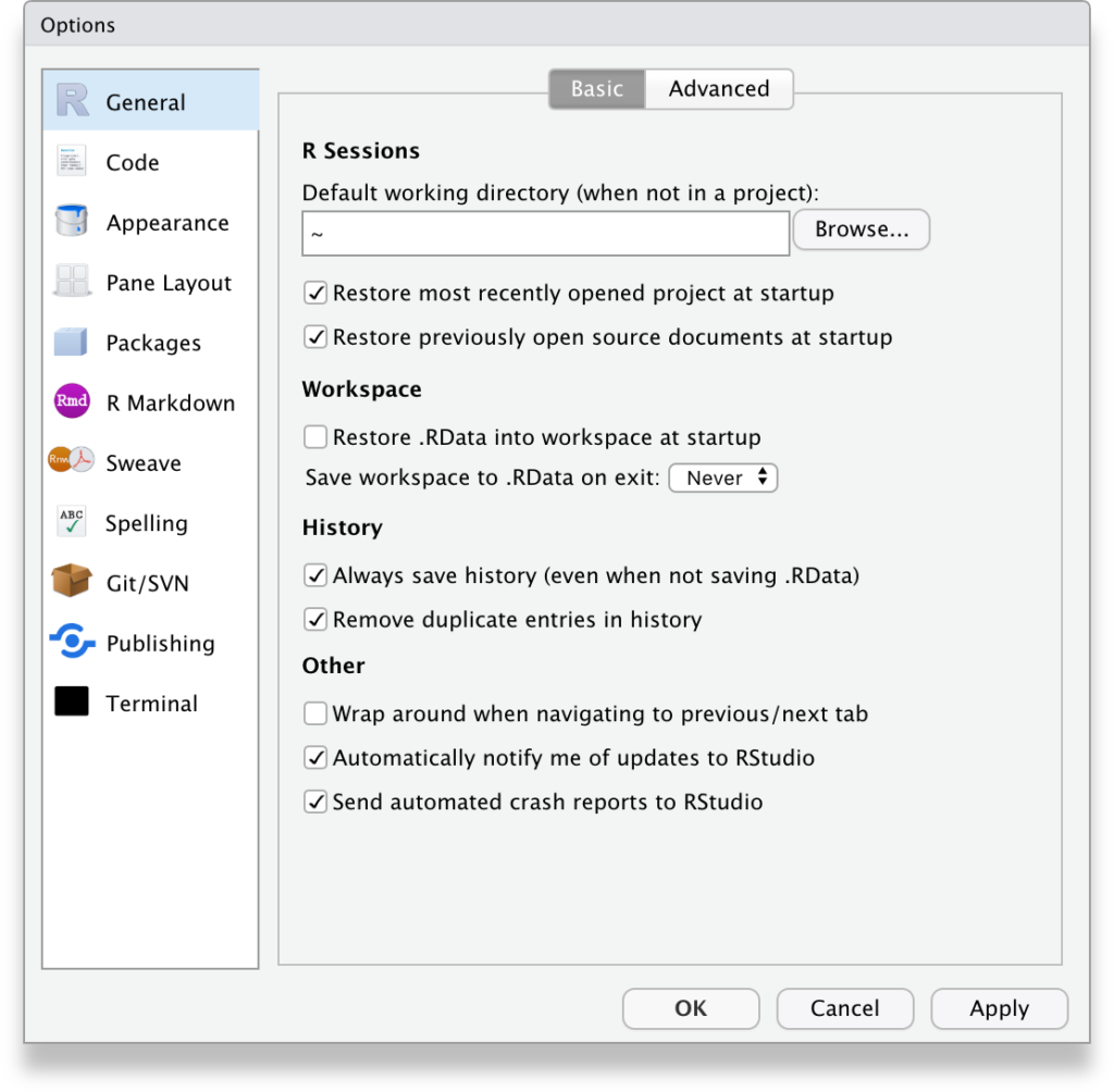 RStudio Tools, Global options, General, Basic tab