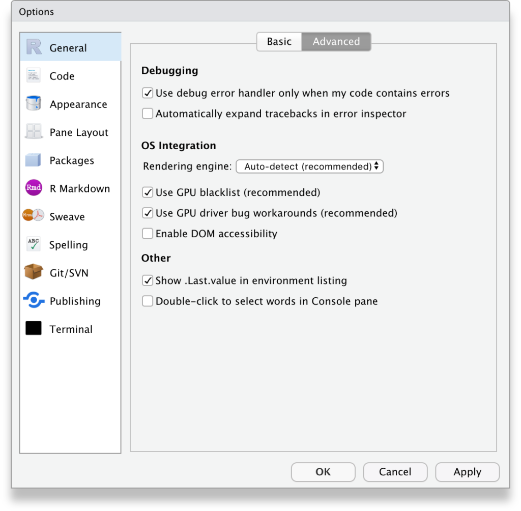 RStudio Tools, Global options, General, Advanced tab
