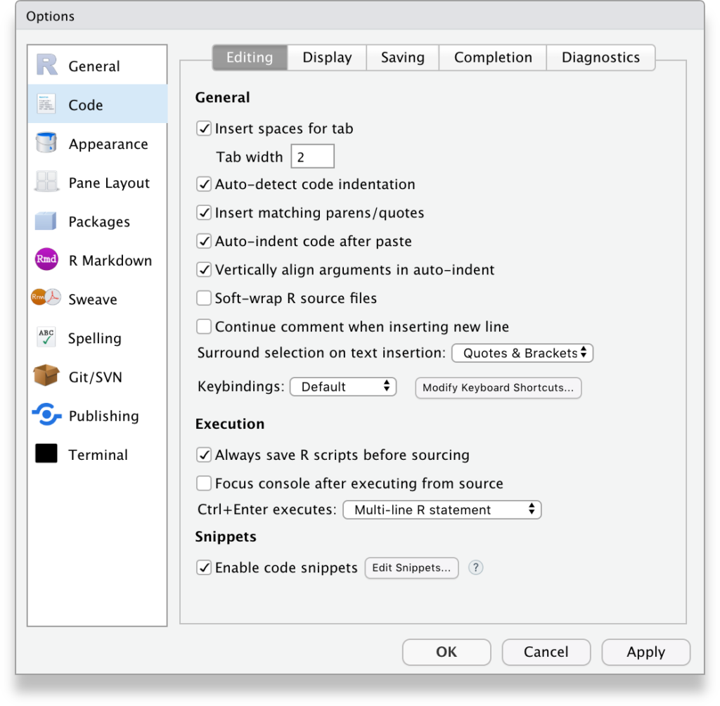 RStudio Tools, Global options, Code, Editing tab