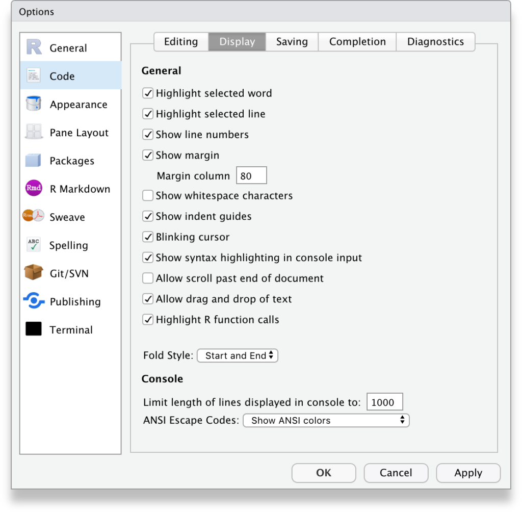 RStudio Tools, Global options, Code, Display tab