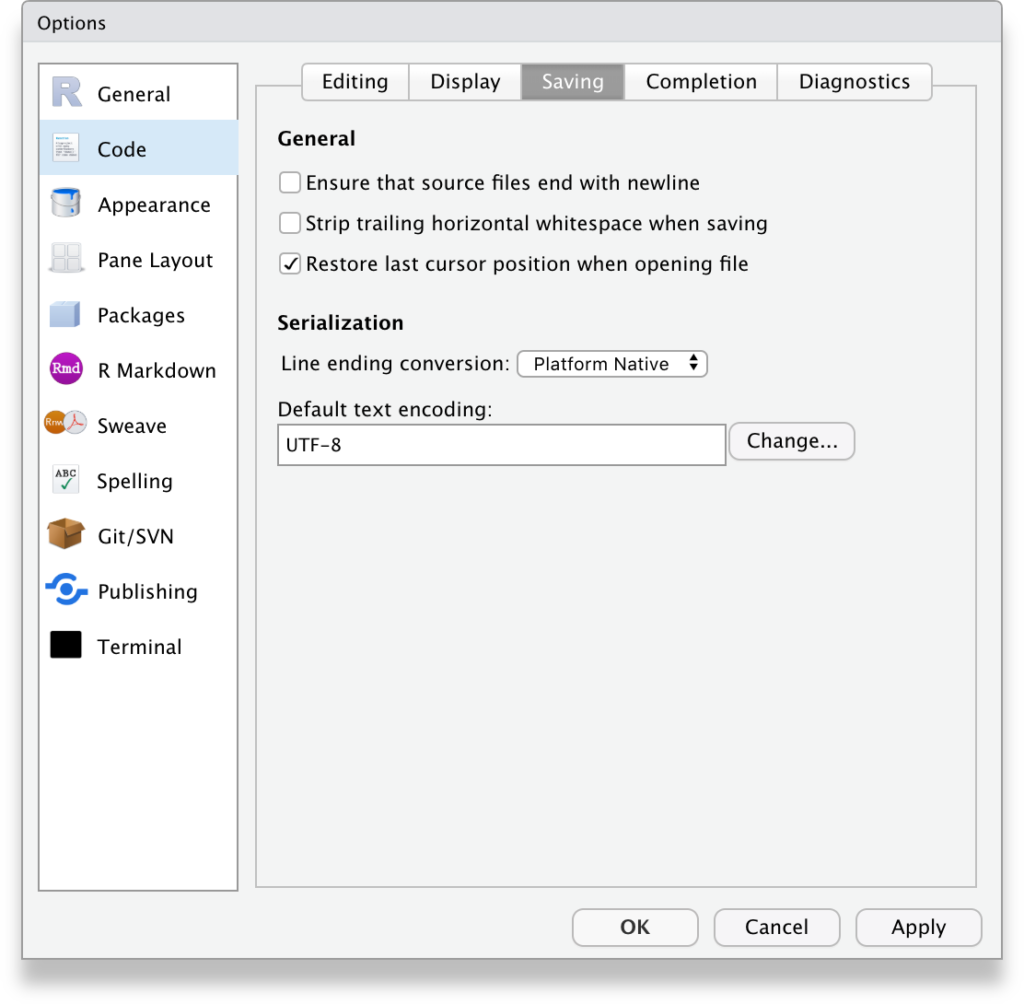RStudio Tools, Global options, Code, Saving tab