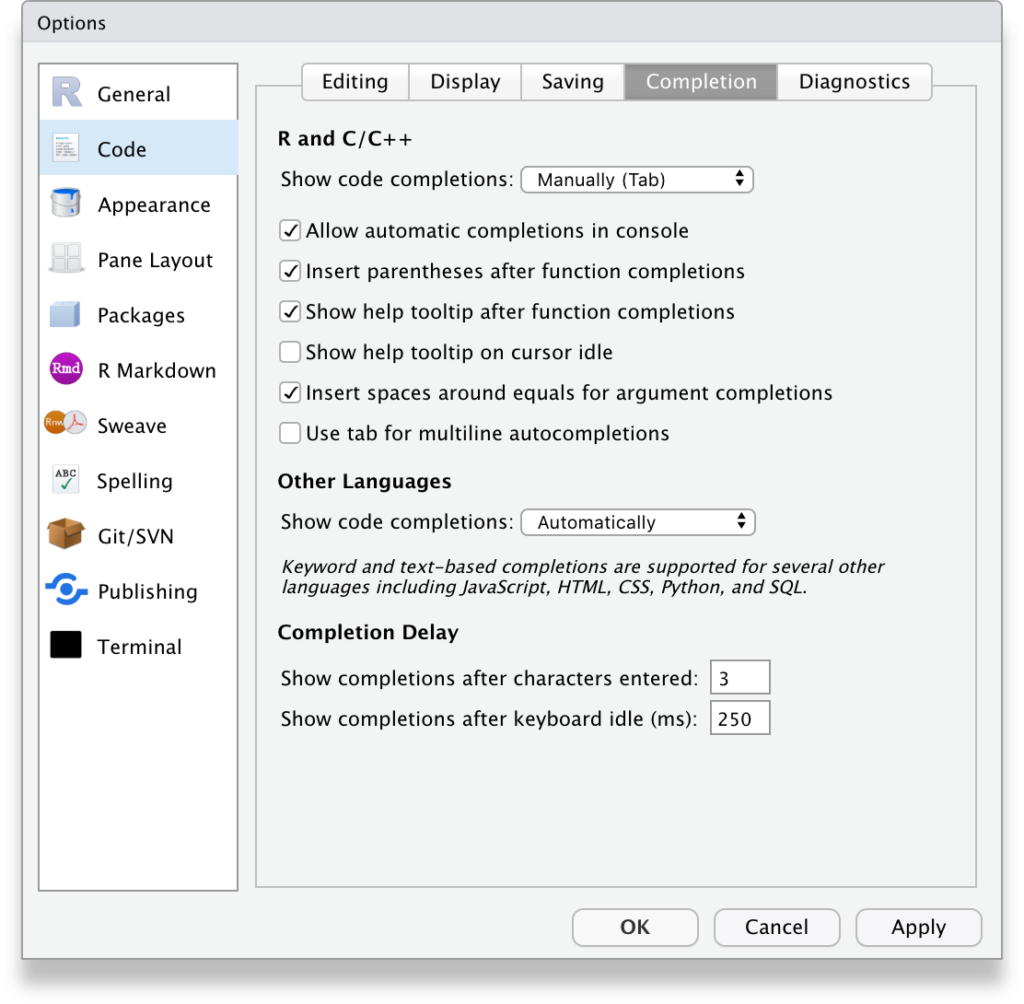 RStudio Tools, Global options, Code, Completion tab