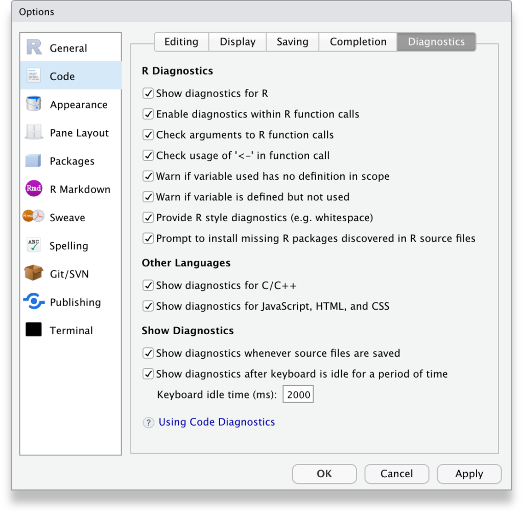 RStudio Tools, Global options, Code, Diagnostics tab