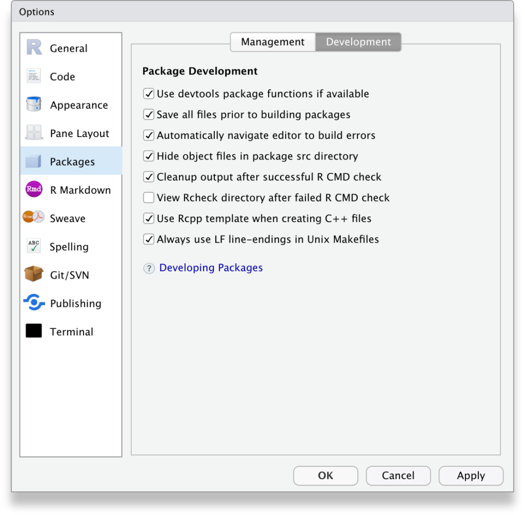 RStudio Tools, Global options, Packages, Development tab