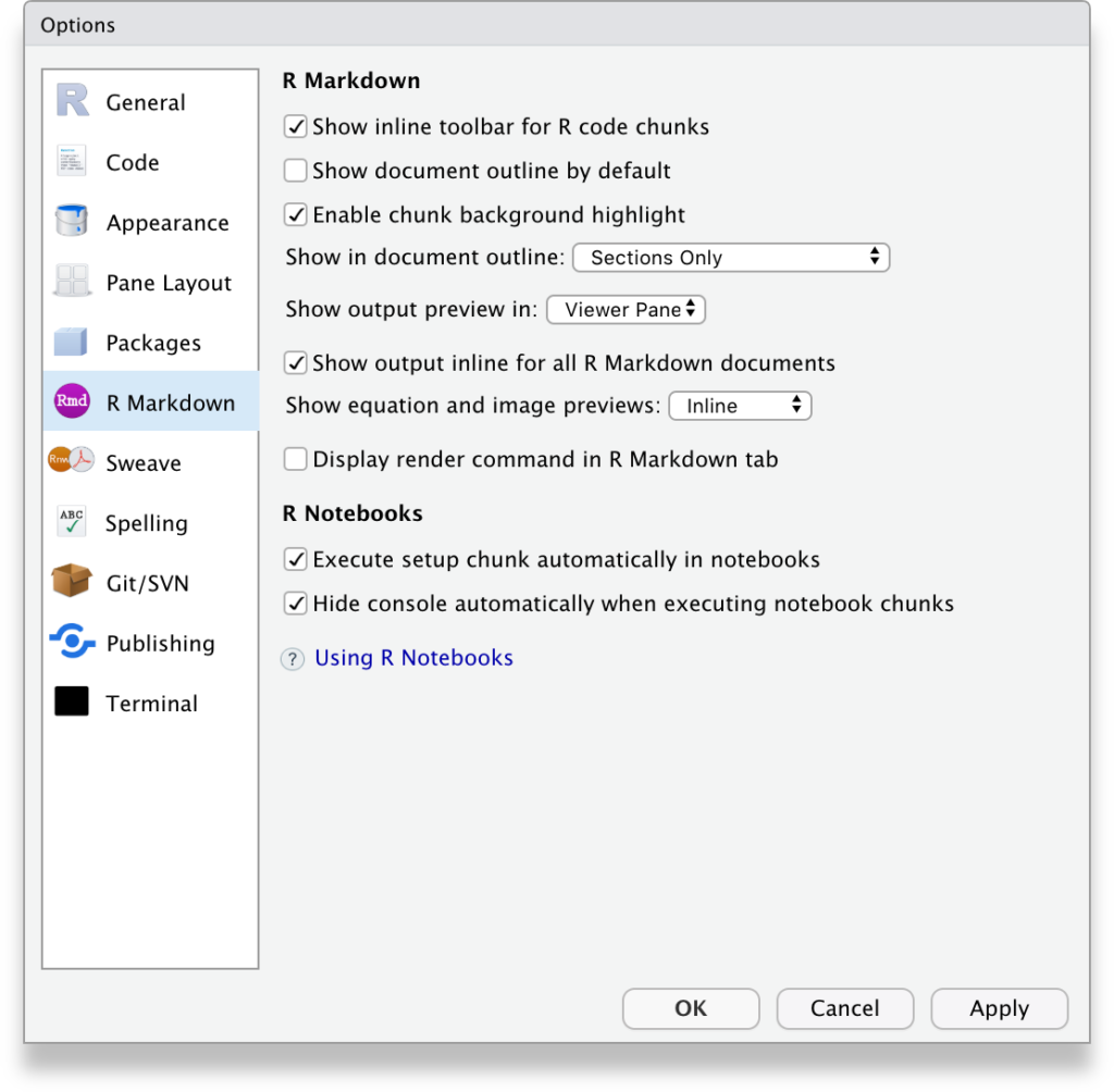 RStudio Tools, Global options, R Markdown tab