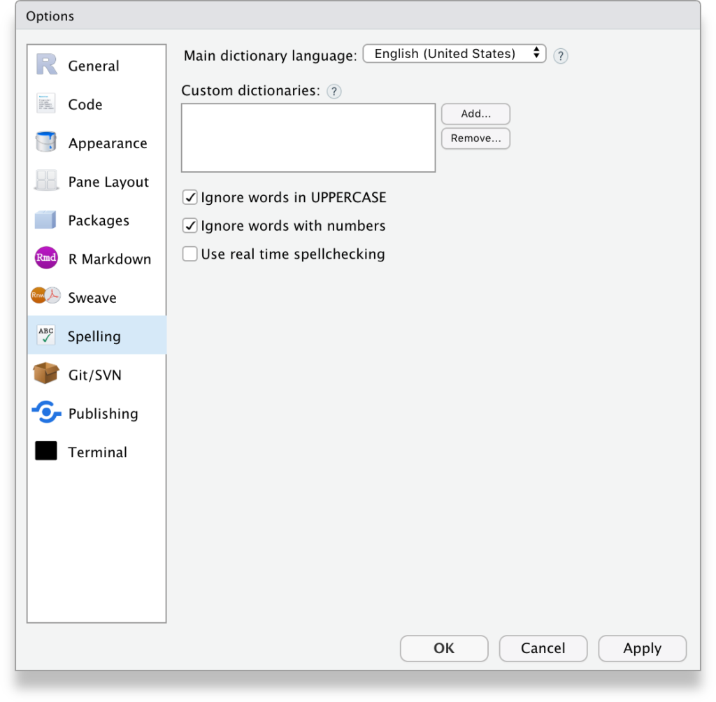 RStudio Tools, Global options, Spelling tab
