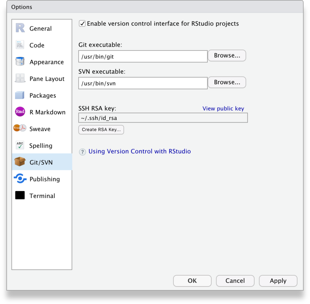 RStudio Tools, Global options, Git/SVN tab