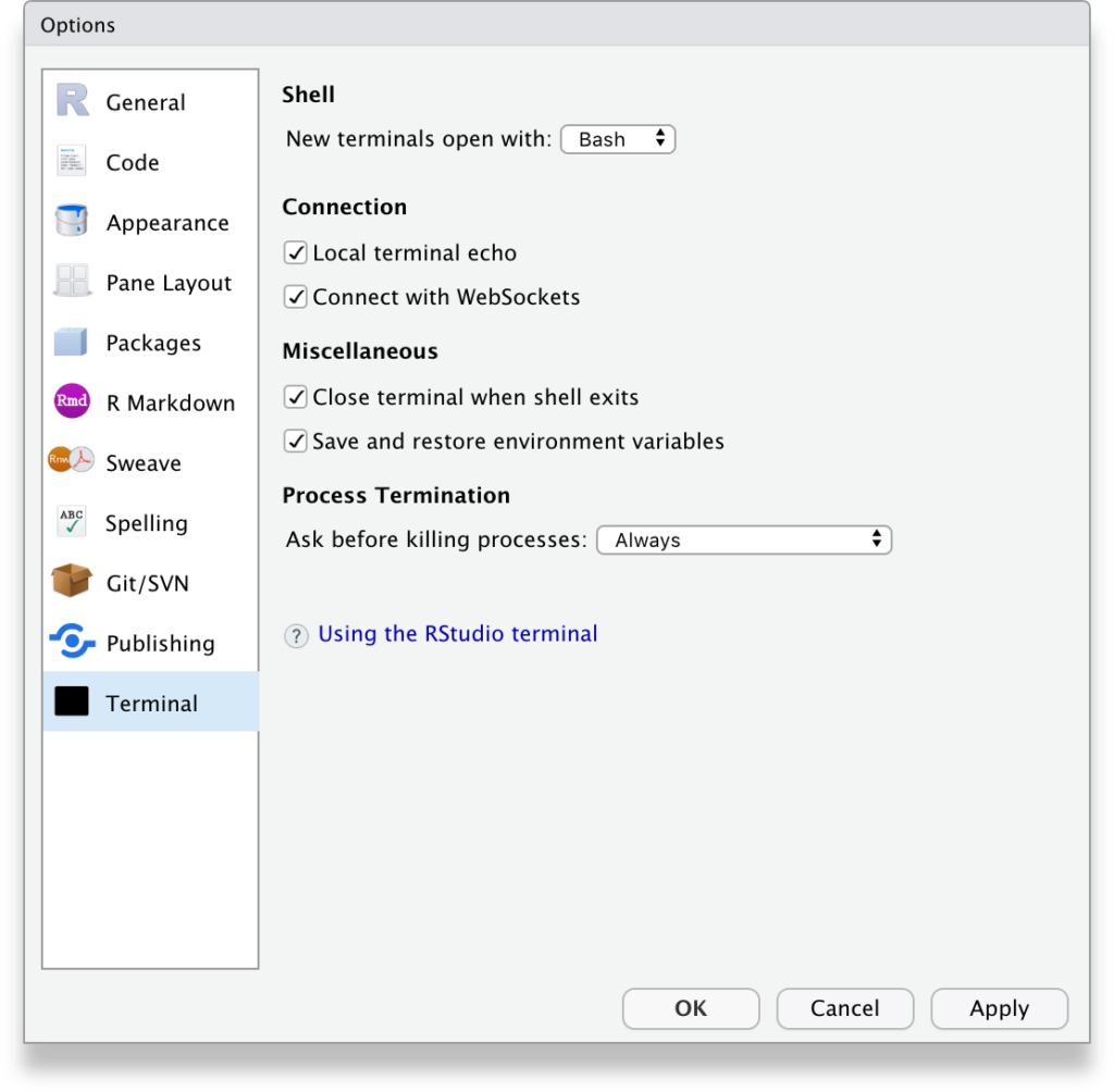 RStudio Tools, Global options, Terminal tab